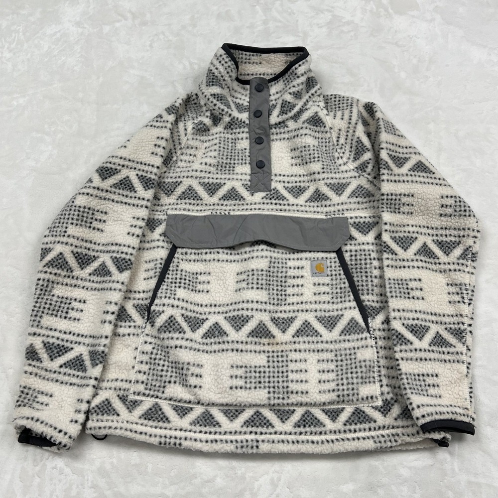Carhartt Fleece Pullover Womens Small White Grey Aztec Snap Mock Neck OJ4991-W